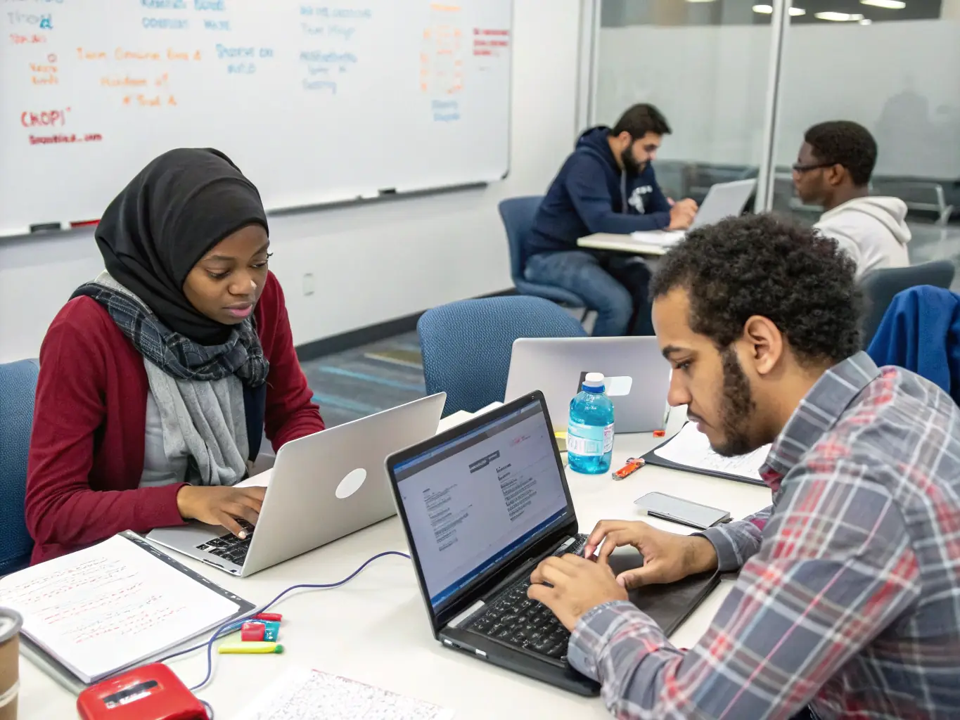 A diverse group of students collaborating on a web development project, showcasing teamwork and practical application of skills learned in the course.