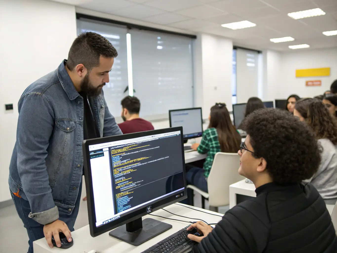 An experienced instructor providing personalized guidance to a student during a web development class, emphasizing individual attention and support.