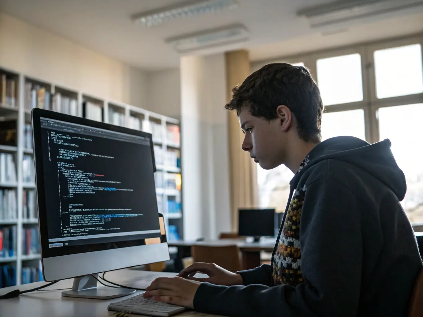 A focused student debugging code on a computer screen, highlighting the problem-solving aspect of back-end development at WebTrain UK.