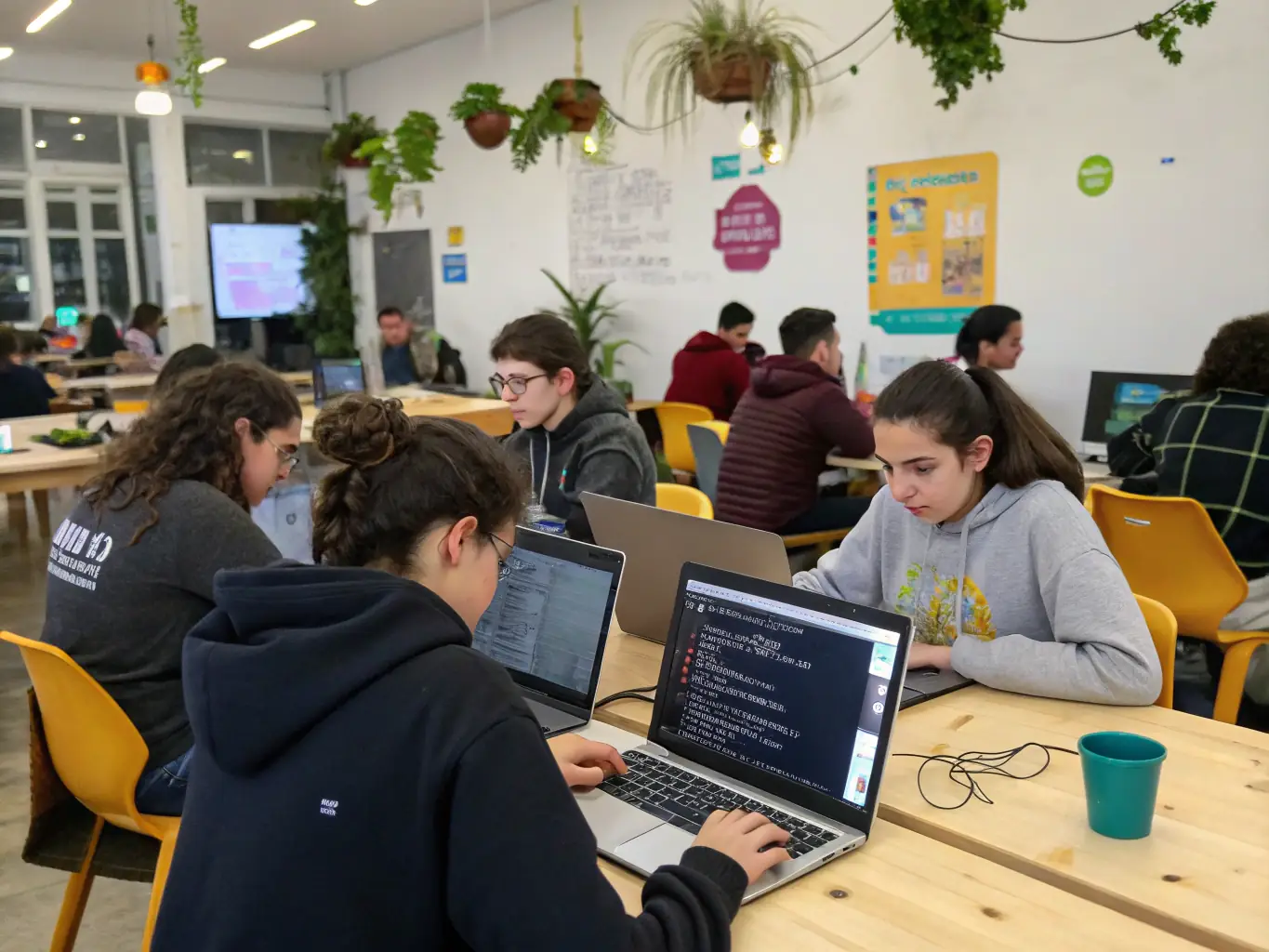 A diverse group of students collaboratively coding on laptops in a modern, well-lit classroom at WebTrain UK, reflecting a hands-on learning environment.